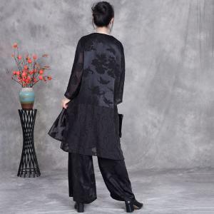 V-Neck Jacquard Tunic Blouse with Elegant Wide Leg Pants