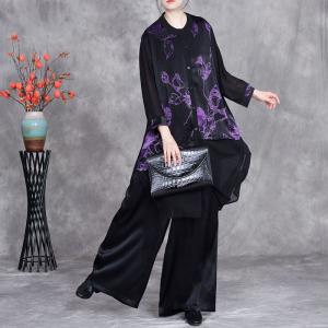 Over40 Style Printed Ladies Shirt with Black Silk Pants
