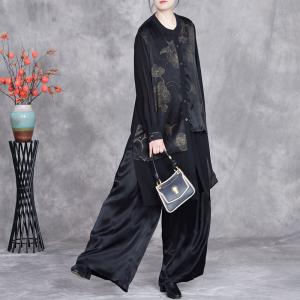 Silk Hems Patterned Shirt with Black Pants Sets