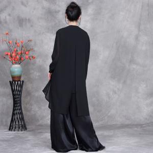 Silk Hems Patterned Shirt with Black Pants Sets