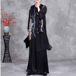 Silk Hems Patterned Shirt with Black Pants Sets