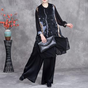 Silk Hems Patterned Shirt with Black Pants Sets