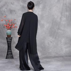 Silk Hems Patterned Shirt with Black Pants Sets