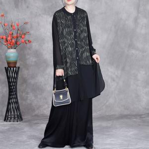 Silk Hems Patterned Shirt with Black Pants Sets