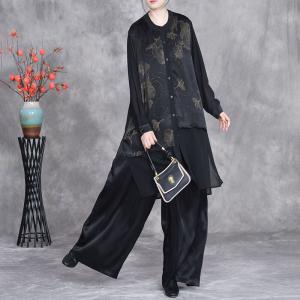 Silk Hems Patterned Shirt with Black Pants Sets