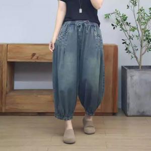 Soft Denim Drawstring Waist Baggy Barrel Jeans