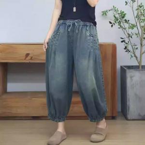 Soft Denim Drawstring Waist Baggy Barrel Jeans