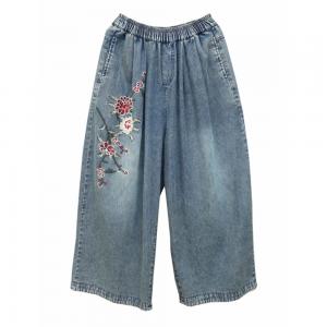Mid Rise Roses Embroidery Wide Leg Jeans