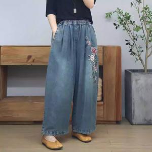 Mid Rise Roses Embroidery Wide Leg Jeans
