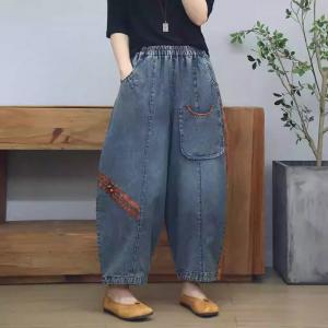 Unique Pocket Pankou Patchwork Folk Jeans for Women