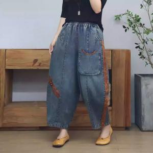 Unique Pocket Pankou Patchwork Folk Jeans for Women