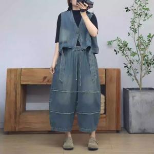 Drawstring Waist Baggy Fringed Relaxed Jeans