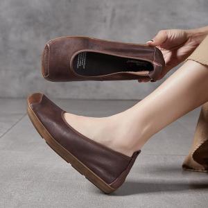 Square Toe Leather Casual Comfortable Teacher Flats