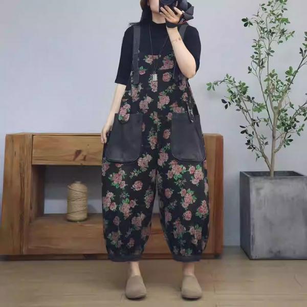 Red Roses Patterns Baggy Black Gardening Farm Overalls