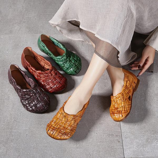 Pop Colors Cowhide Low Heels Woven Shoes