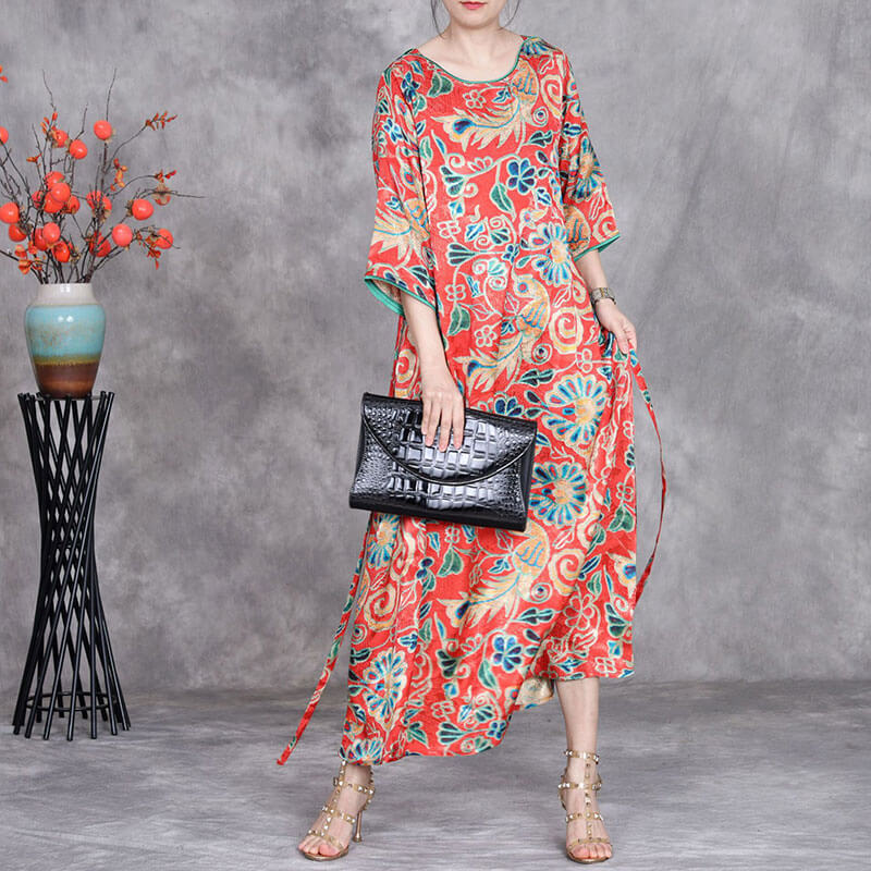 Elegant Viscose Rayon Half Sleeve Round Neck Printed Yellow Red comfy lazy day muslim plus size tropical hawaiian