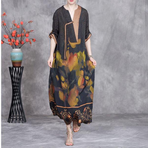 Yellow Flowers Printed Fringed Pankou Ethnic Dress
