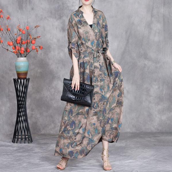 V-Neck Printed Belted Waist Maxi Business Dress