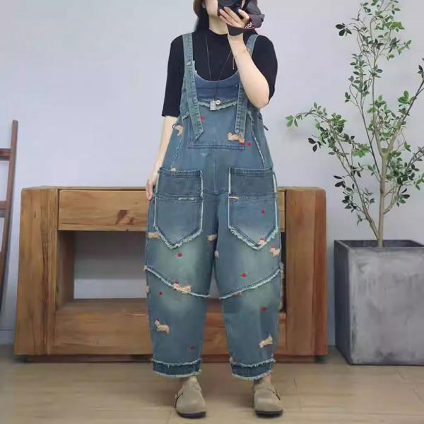 Lovely Dog Embroidery Fringed 90s Overalls