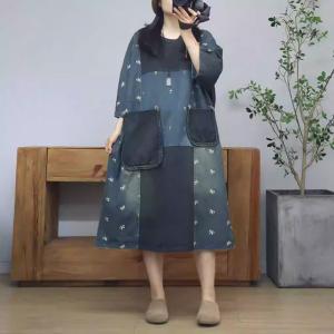 Black Pockets Colored Patchwork Embroidered Jean Dress