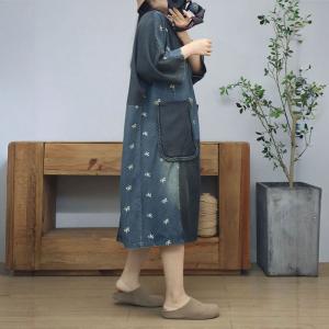 Black Pockets Colored Patchwork Embroidered Jean Dress