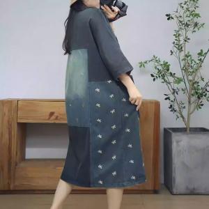 Black Pockets Colored Patchwork Embroidered Jean Dress