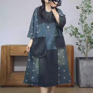 Black Pockets Colored Patchwork Embroidered Jean Dress