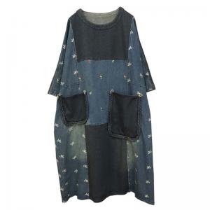 Black Pockets Colored Patchwork Embroidered Jean Dress