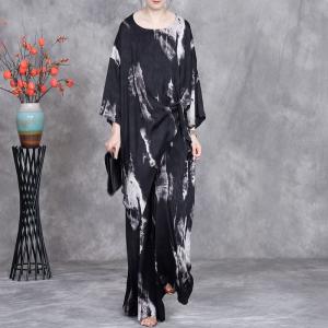 White Prints Black Asymmetrical Tunic with Long Palazzo Pants