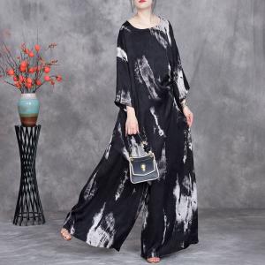 White Prints Black Asymmetrical Tunic with Long Palazzo Pants