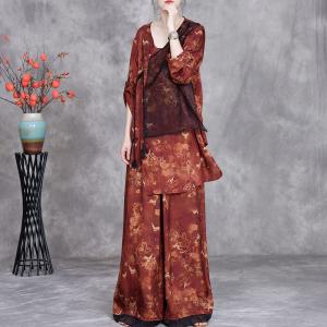 Oriental Chic Tassel Silky Blouse with Plus Size Wide Leg Pants