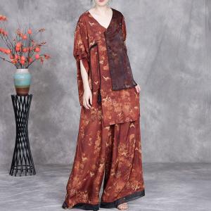 Oriental Chic Tassel Silky Blouse with Plus Size Wide Leg Pants
