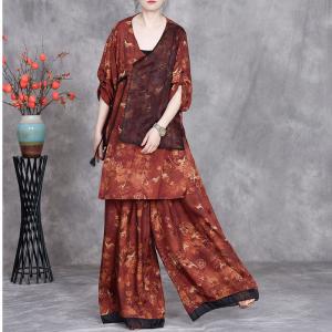Oriental Chic Tassel Silky Blouse with Plus Size Wide Leg Pants