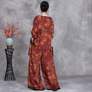 Oriental Chic Tassel Silky Blouse with Plus Size Wide Leg Pants