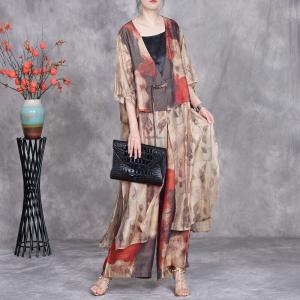 Fringed Frog Buttons Long Cardigan with Printed Silky Pants