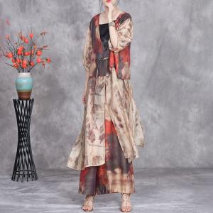 Fringed Frog Buttons Long Cardigan with Printed Silky Pants