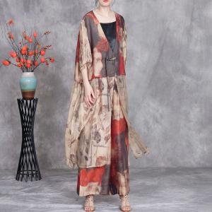 Fringed Frog Buttons Long Cardigan with Printed Silky Pants