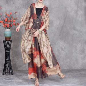 Fringed Frog Buttons Long Cardigan with Printed Silky Pants