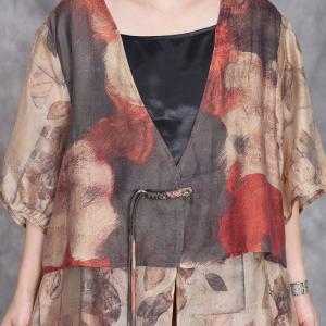 Fringed Frog Buttons Long Cardigan with Printed Silky Pants