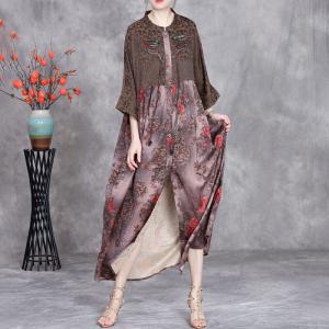 Fringed Buttons Red Peony Prints Ethnic Dress