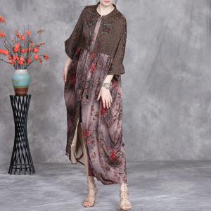 Fringed Buttons Red Peony Prints Ethnic Dress