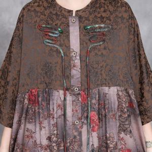 Fringed Buttons Red Peony Prints Ethnic Dress