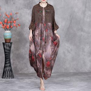 Fringed Buttons Red Peony Prints Ethnic Dress