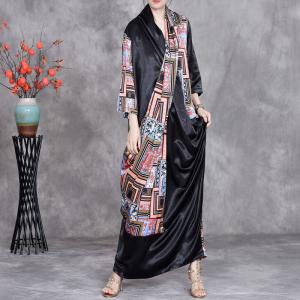 Abstract Totem Prints Black Front Cross Kimono Dress