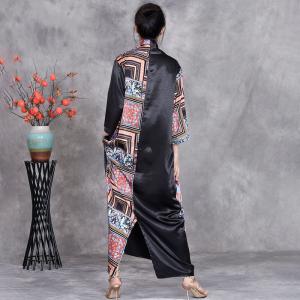 Abstract Totem Prints Black Front Cross Kimono Dress