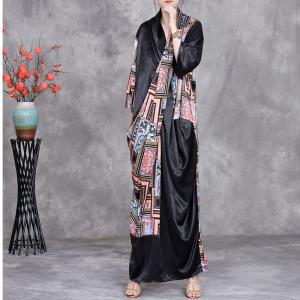 Abstract Totem Prints Black Front Cross Kimono Dress