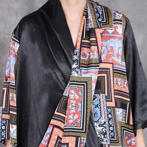 Abstract Totem Prints Black Front Cross Kimono Dress