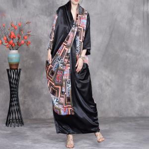 Abstract Totem Prints Black Front Cross Kimono Dress
