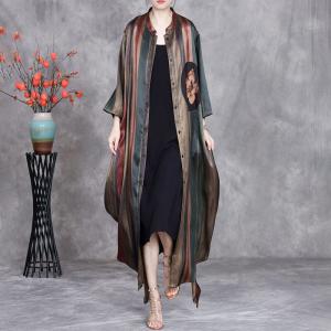 Flowers Patchwork Striped Silk Long Cardigan