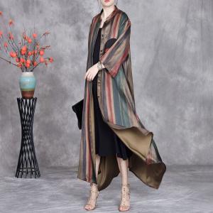 Flowers Patchwork Striped Silk Long Cardigan